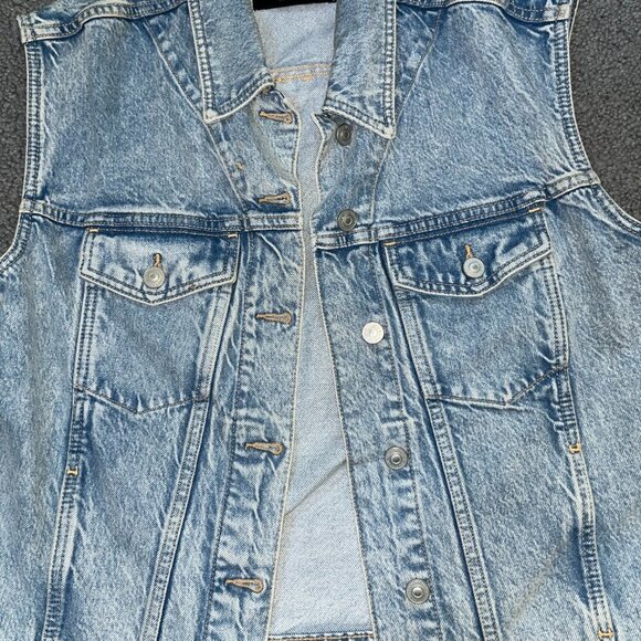 ALLSAINTS ALVA OVERSIZED BLUE DENIM VEST FRONT BUTTONS & LOGO BACK RING EUC  XS - Picture 5 of 13